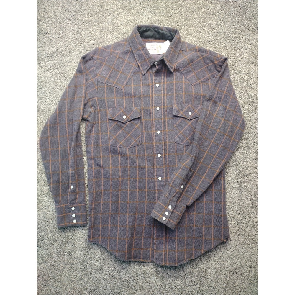 Vintage Saddle King Western Mens sz L neck 16 1/2 Flannel Shirt LS Pearl Snap